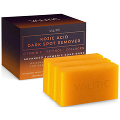 VALITIC Kojic Acid Dark Spot Soap Bar pack closeup highlighting brightening potential for even skin tone.