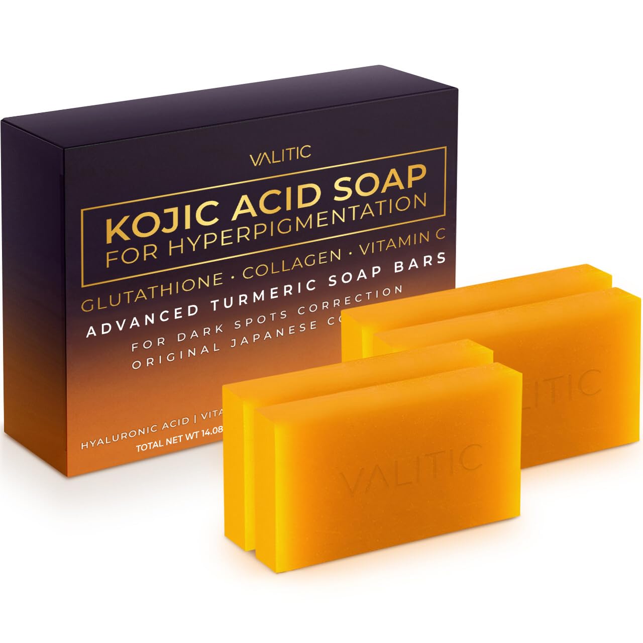VALITIC Kojic Acid Soap bar packaging showcases premium formulation for at-home skincare.