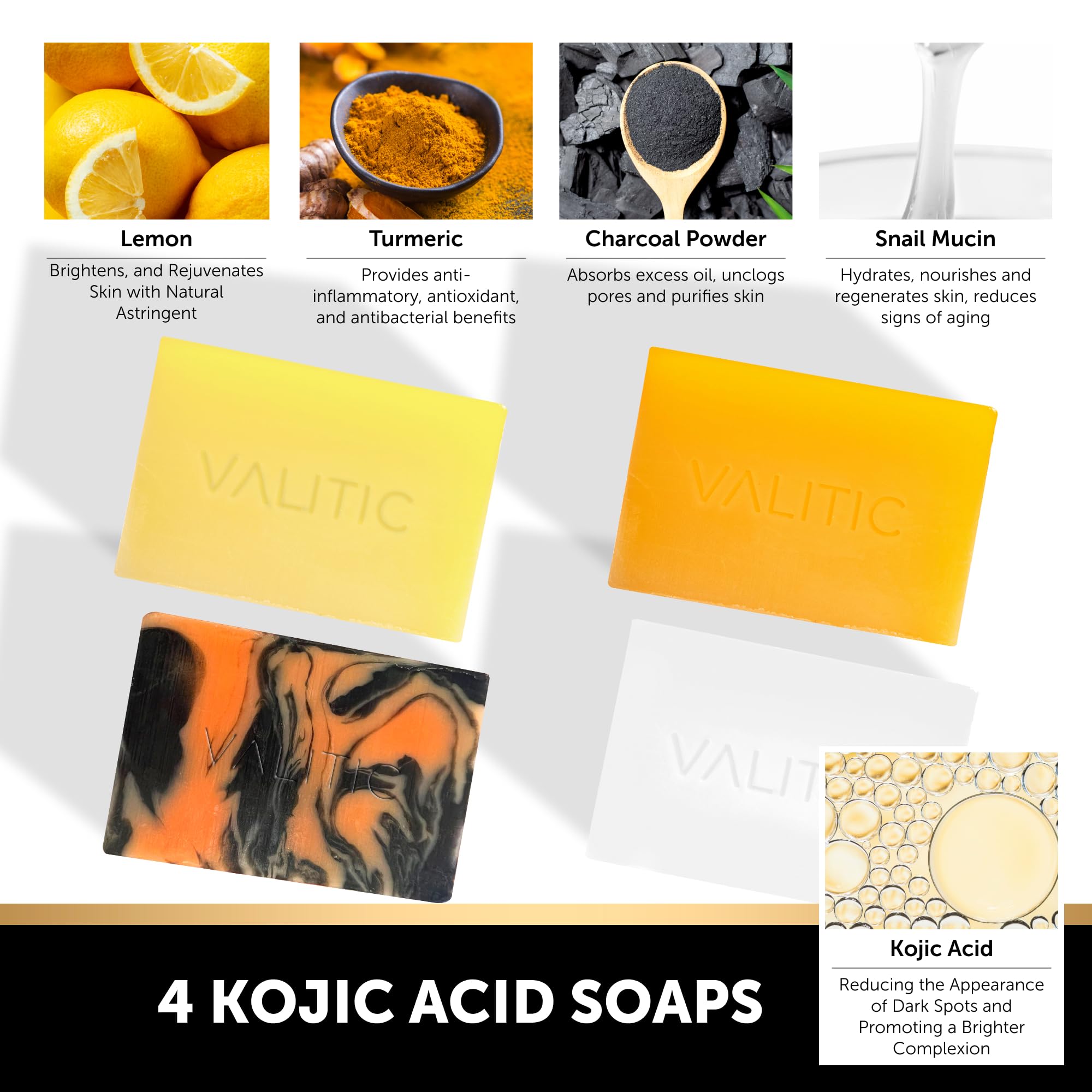 VALITIC kojic charcoal soap bar — absorbs impurities and balances oily skin.
