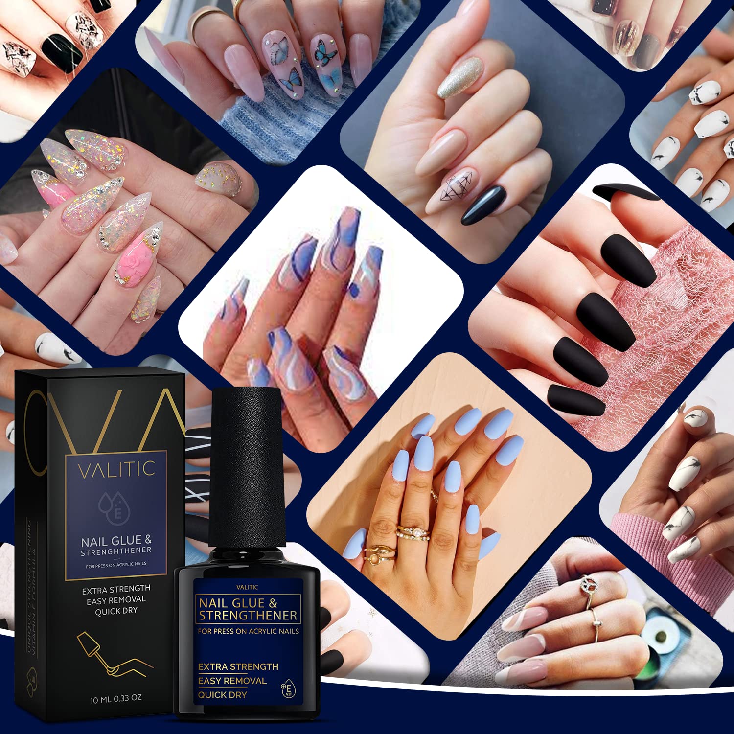 VALITIC nail glue application tip tilted bottle facilitates easy use.