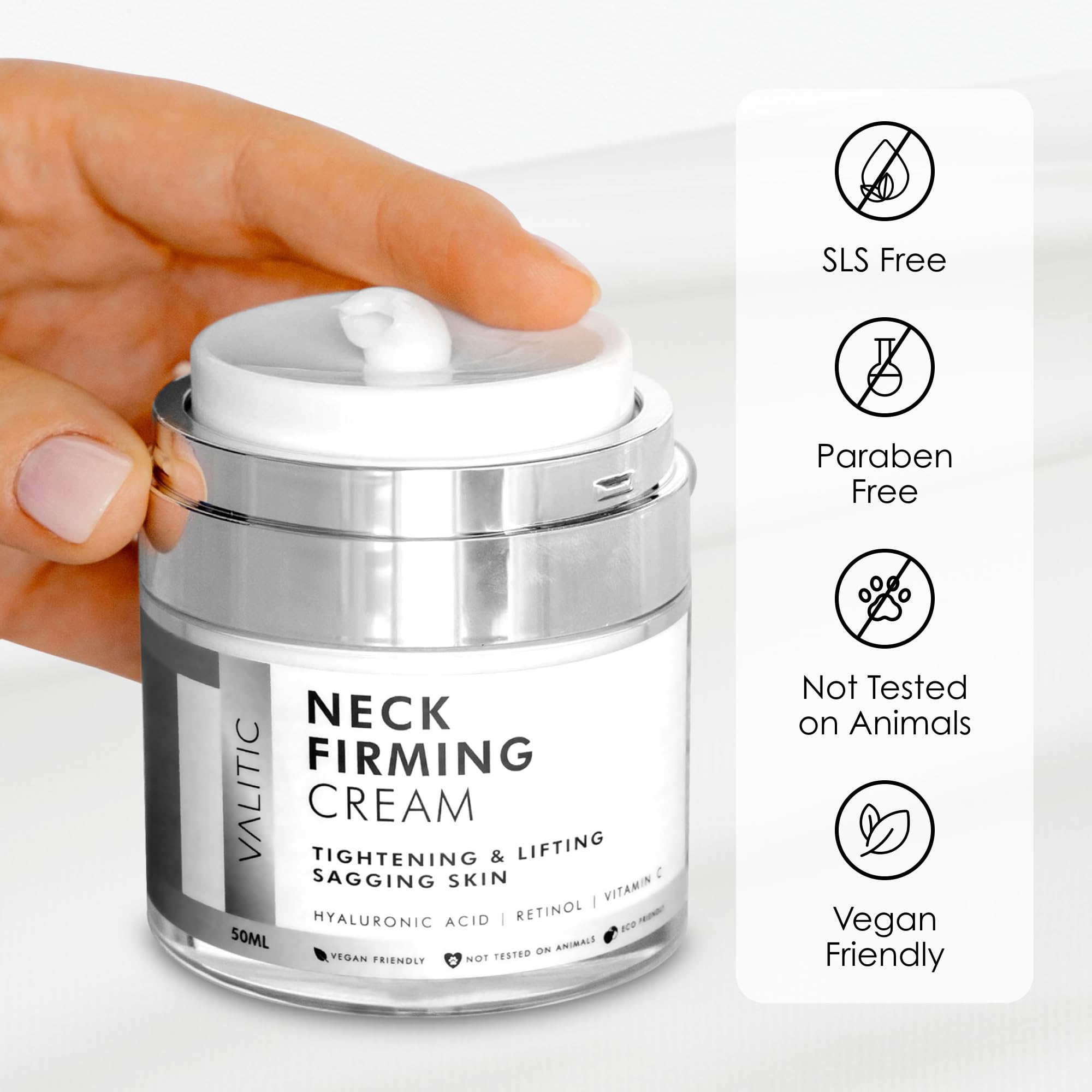 VALITIC Neck Cream avocado oil nourishment emphasizes deep hydration and nutrient-rich skin.