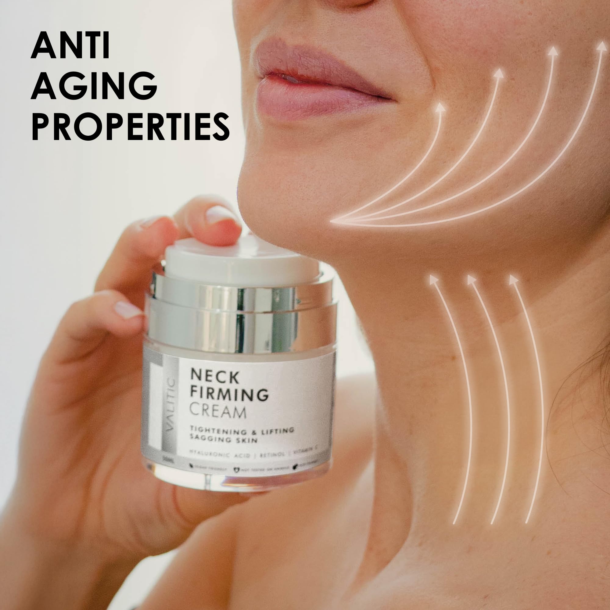 VALITIC Neck Cream hyaluronic acid glow focuses on deep hydration and plumping effect.
