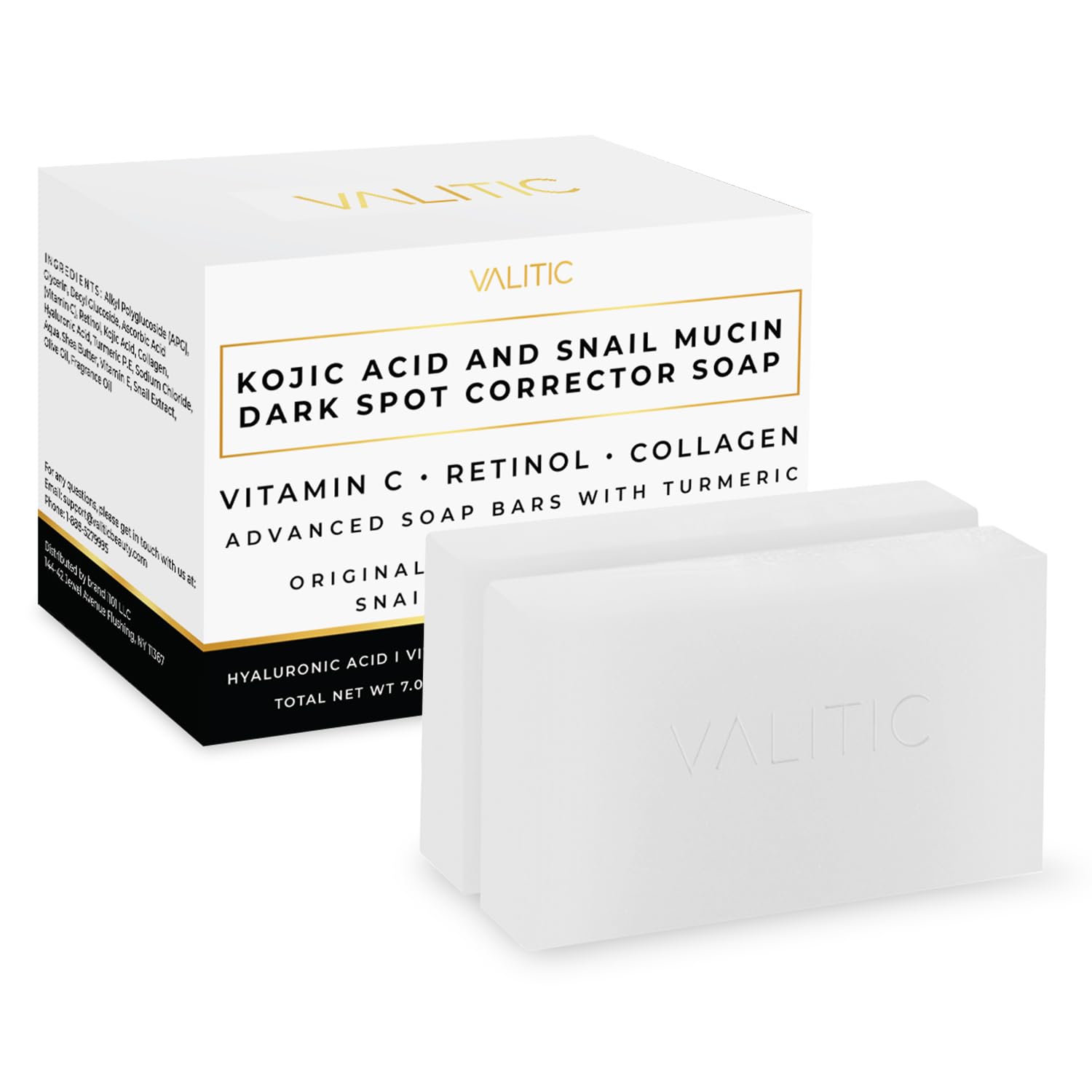 VALITIC snail mucin cleanser bar pack shot illustrating hydrating formula for daily use.