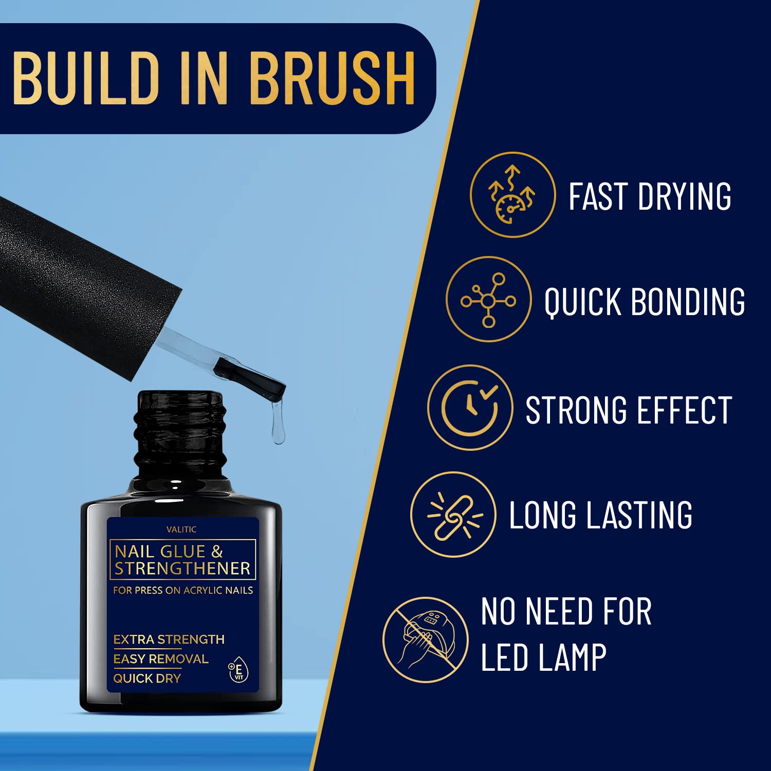 VALITIC strong nail glue brush-on application demonstrates precise nail tip bonding.