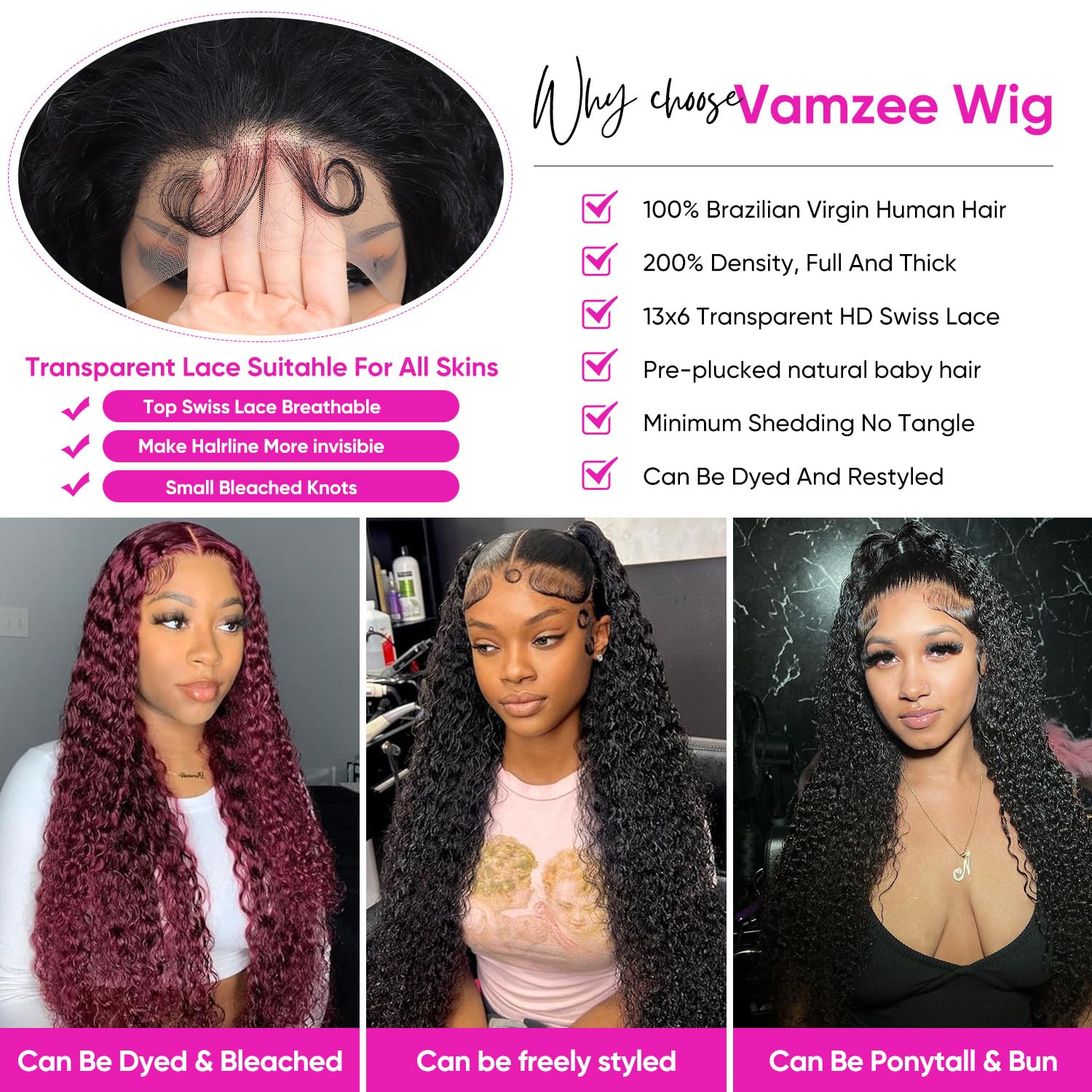 Vamzee Brazilian curly hair wig density 210 for full, effortless volume