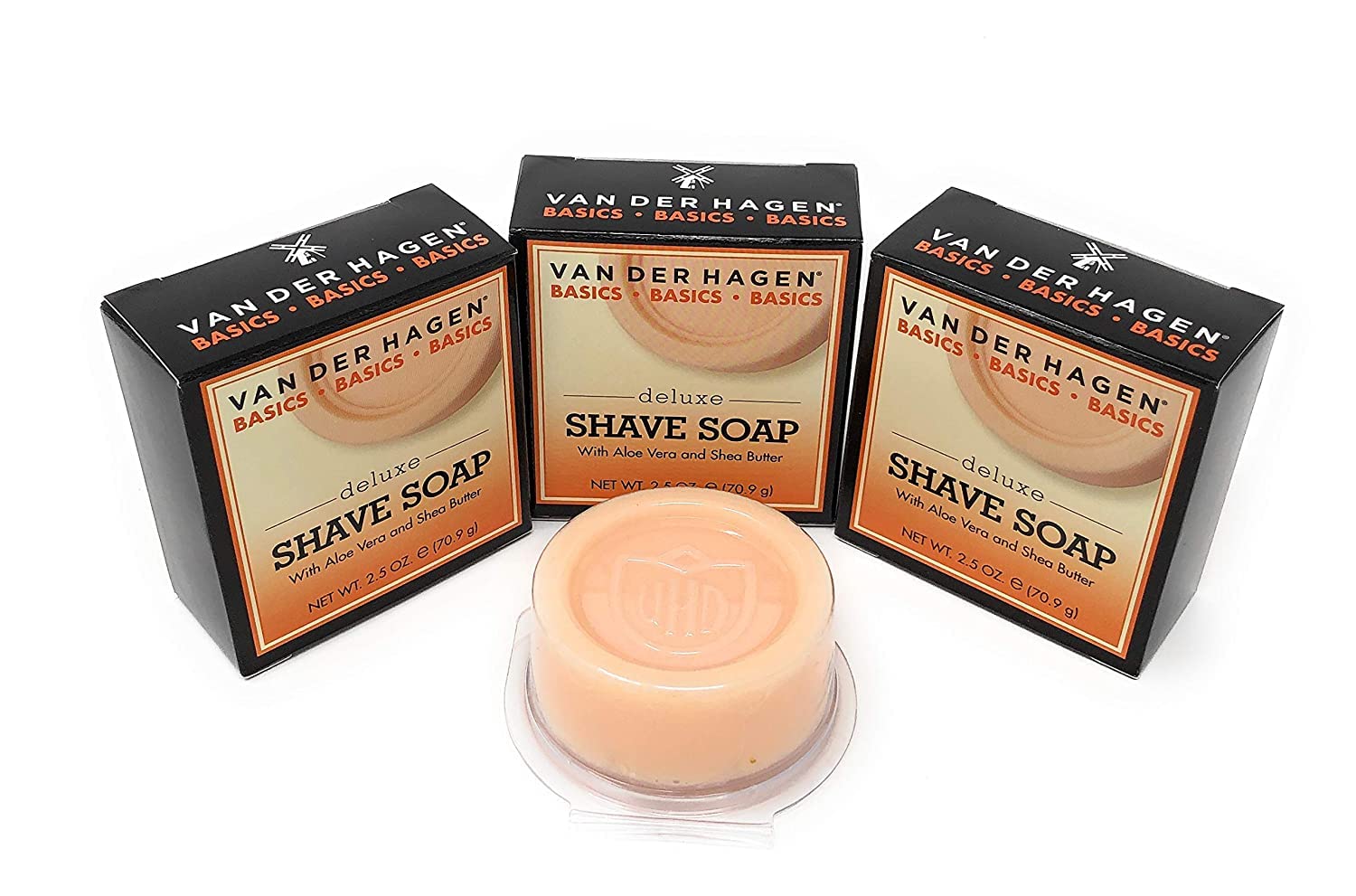 Van Der Hagen Deluxe Shave Soap 3-pack pack shot highlighting value and compact size.