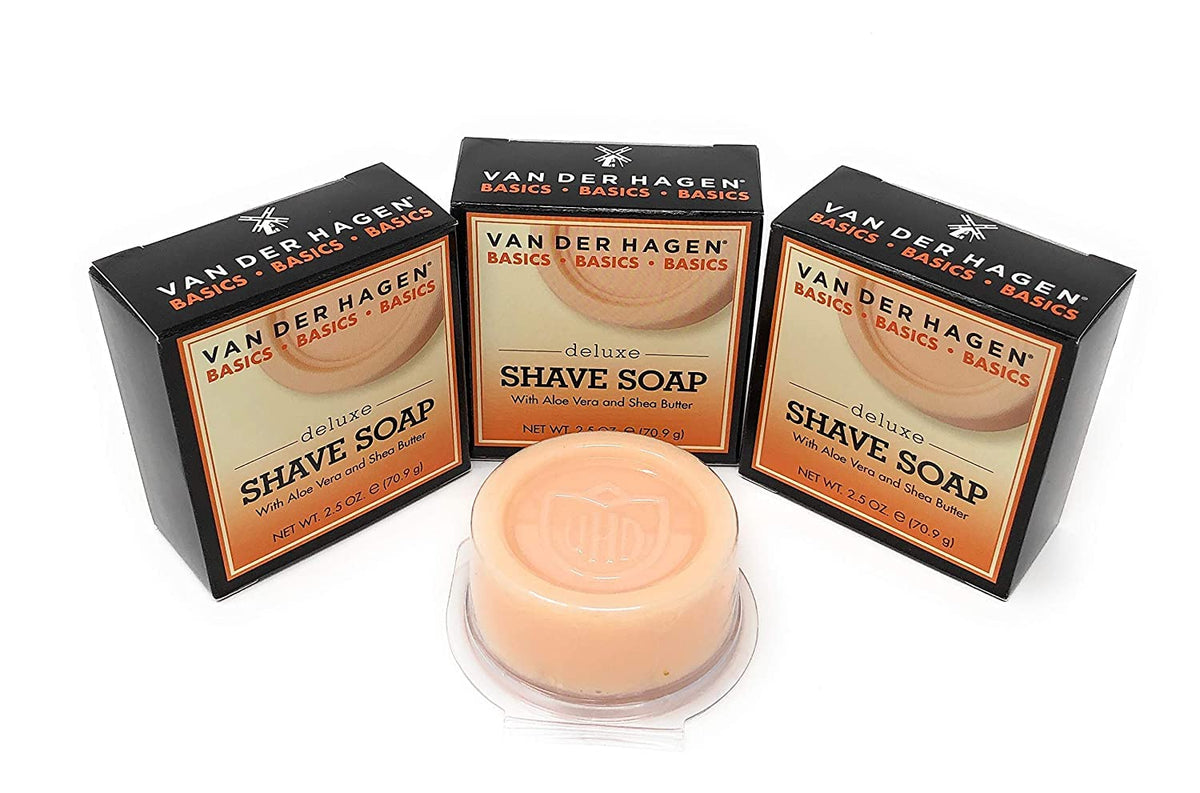 Van Der Hagen Deluxe Shave Soap 3-pack pack shot highlighting value and compact size.