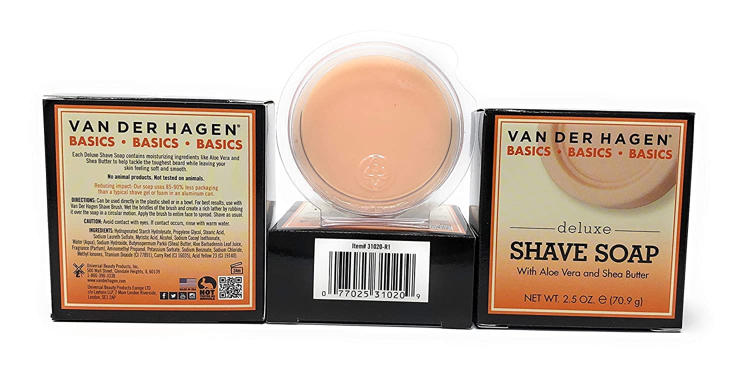 Van Der Hagen Deluxe Shave Soap 3-pack packaging suggests gift-ready presentation.
