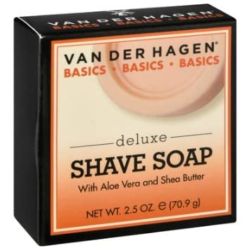 Van Der Hagen Deluxe Shave Soap 3-pack stacked bars indicate compact travel-friendly format.
