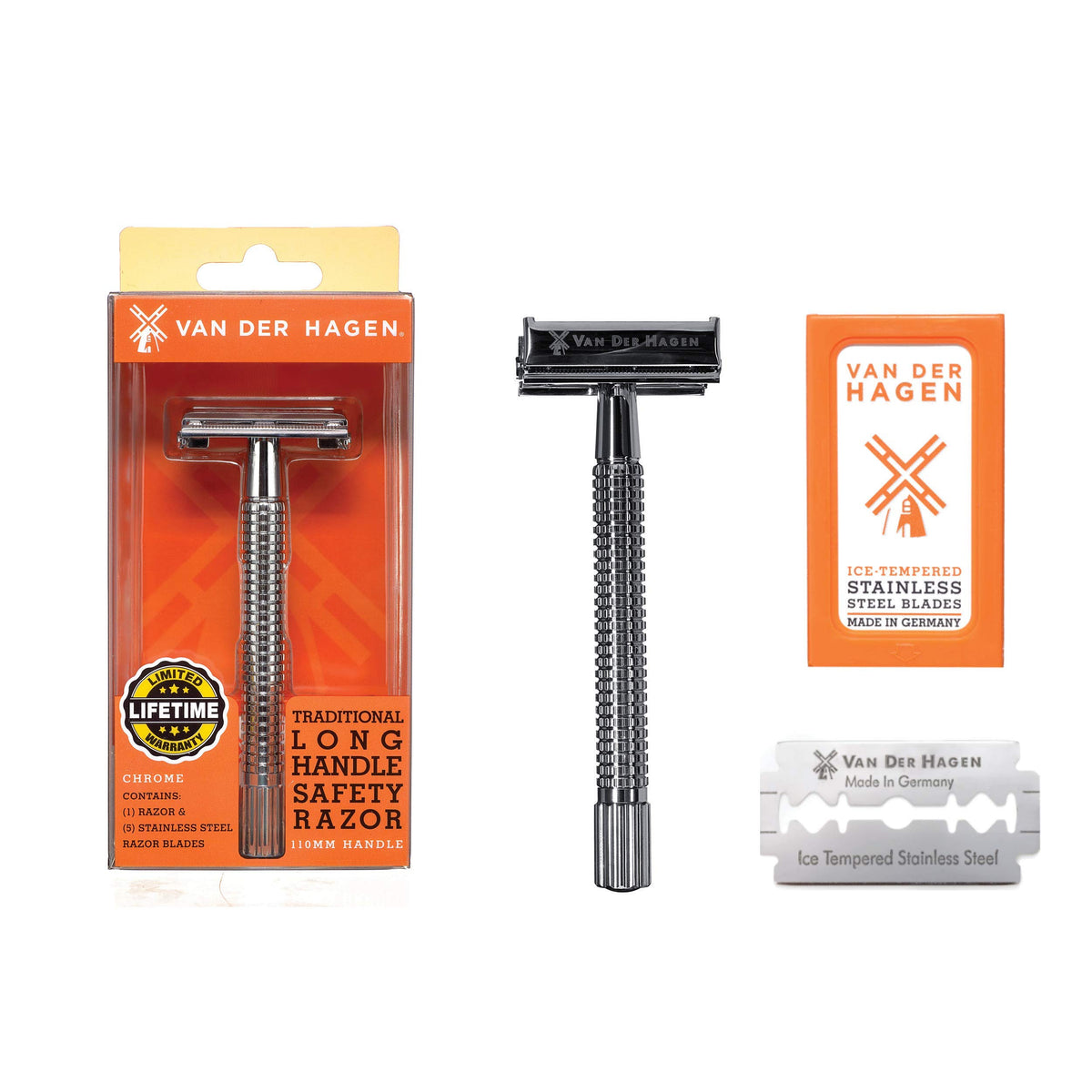 Van Der Hagen kit maquinilla seguridad 110mm cromada, afeitado suave y preciso.