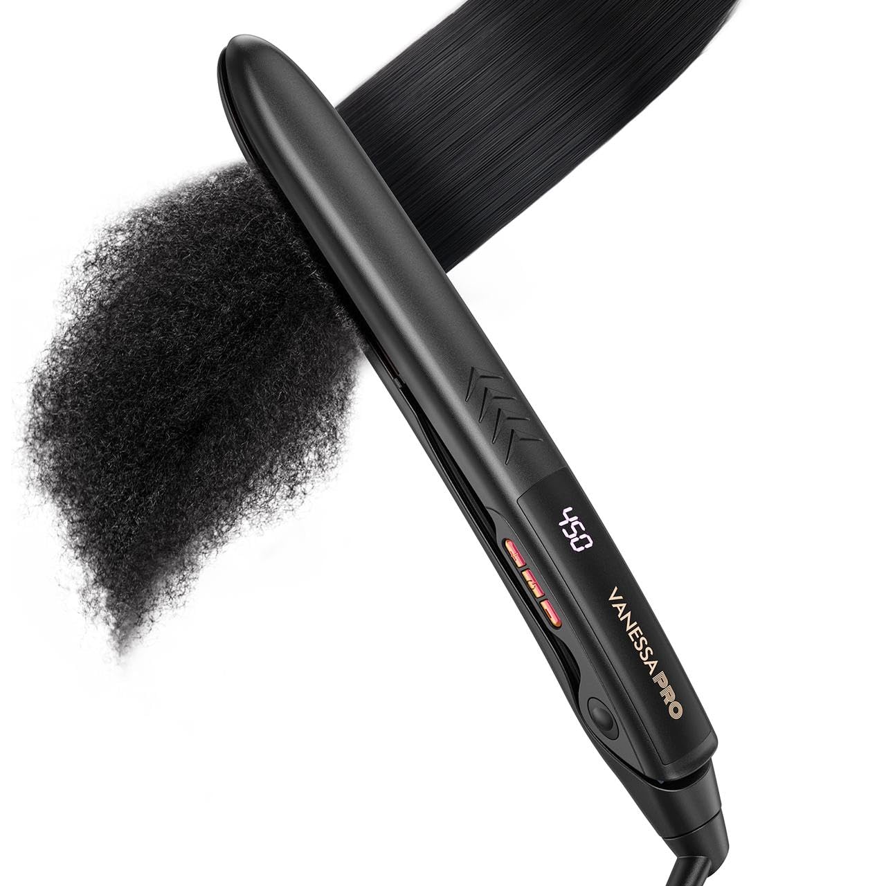 Vanessa PRO flat iron with 1-inch titanium plate for sleek, even heat styling.