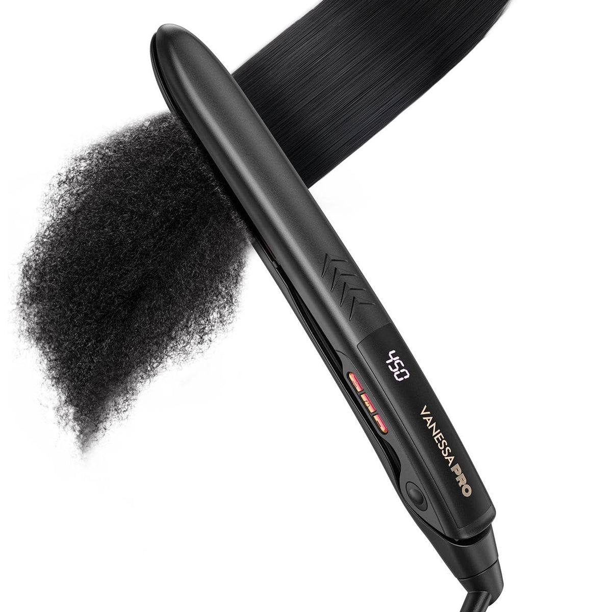 Vanessa PRO flat iron with 1-inch titanium plate for sleek, even heat styling.