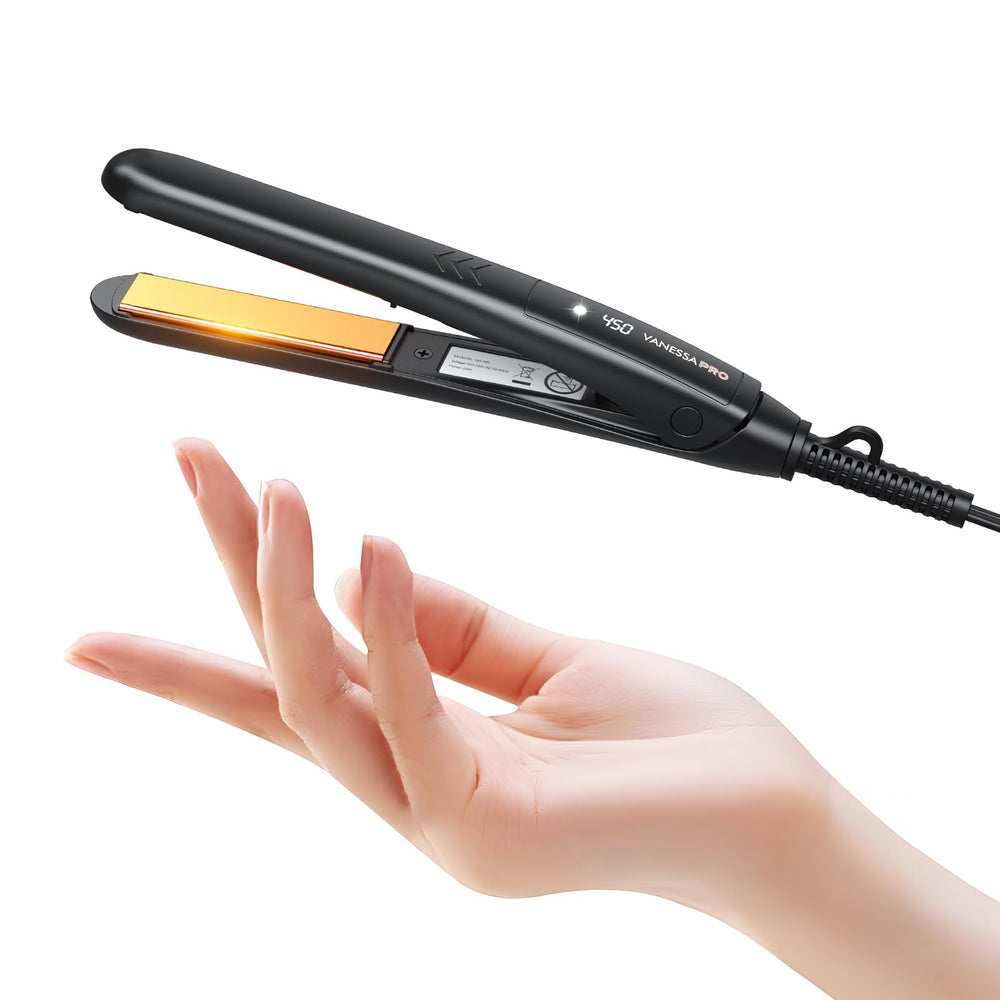 VANESSA PRO mini flat iron plate closeup shows a durable titanium surface for fast styling.