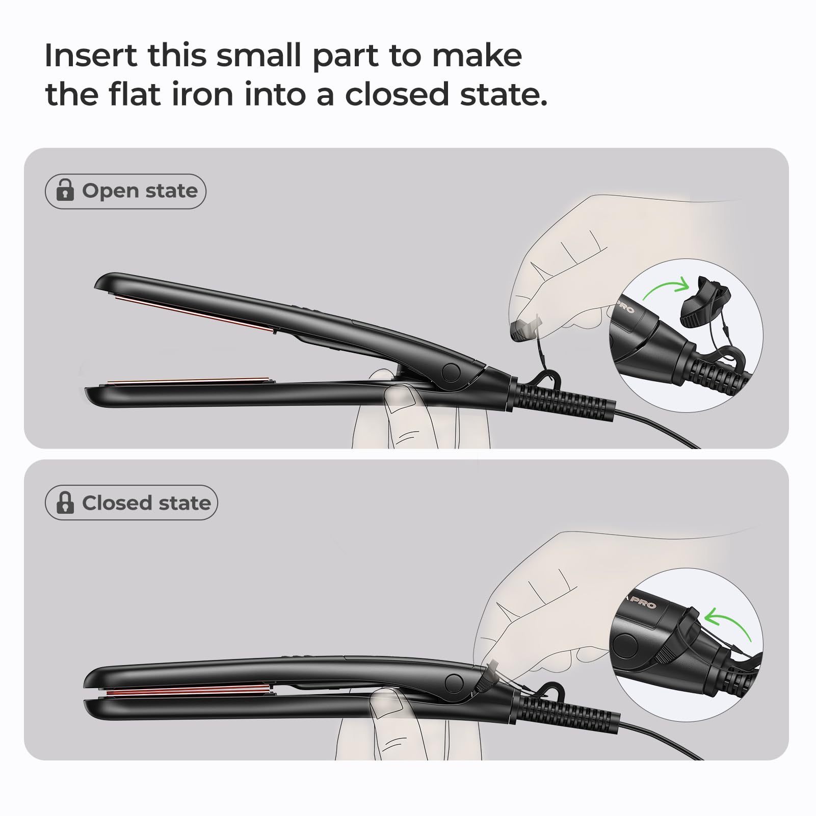 VANESSA PRO mini flat iron in use on short hair for quick shaping.