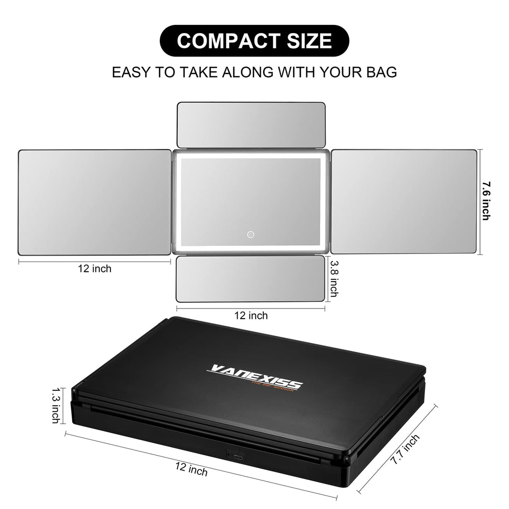 Vanexiss real-glass tri-fold mirror delivers clear reflection for accurate cuts.