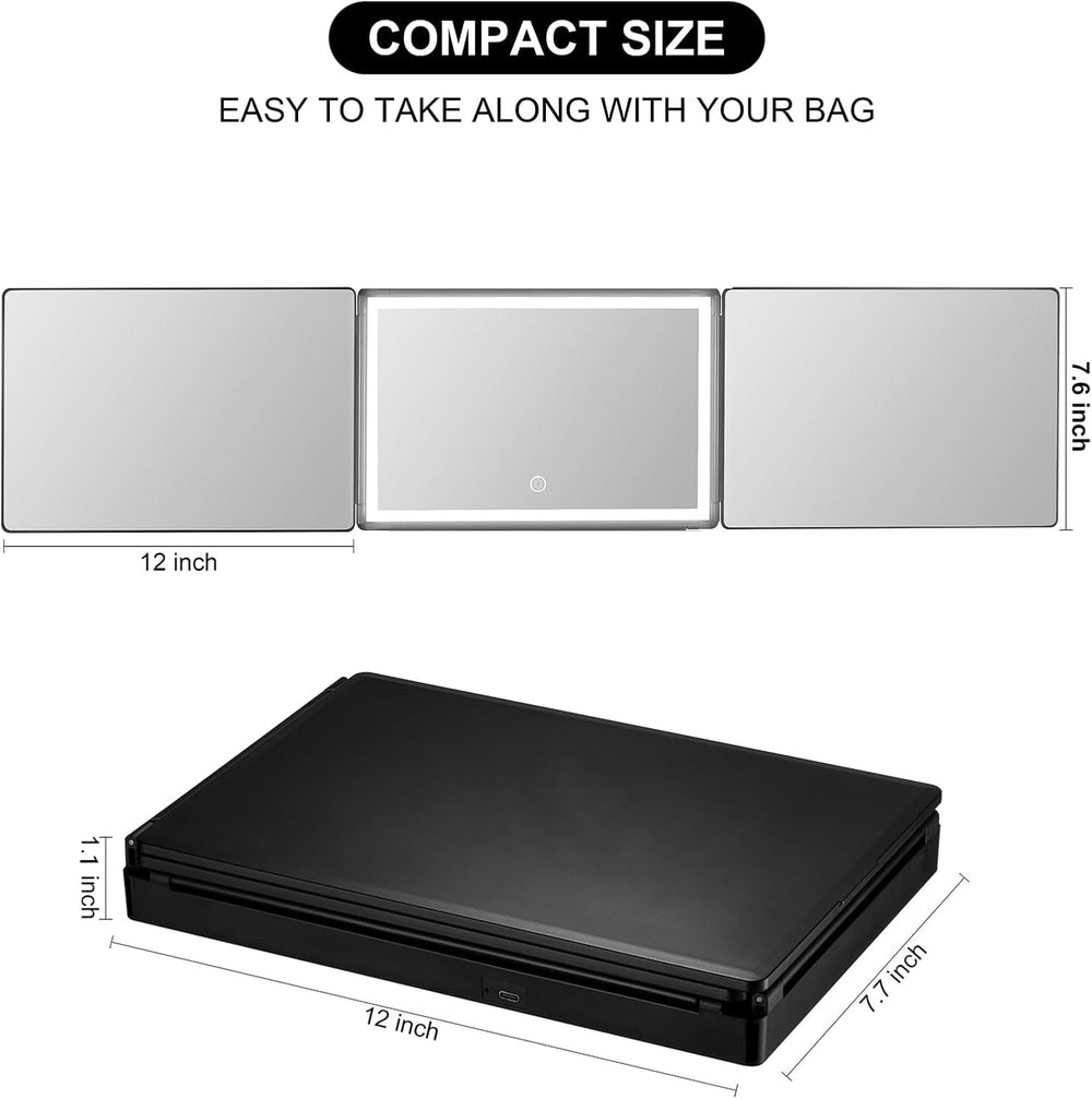 Vanexiss rechargeable 3-way mirror showing LED color options for accurate makeup.