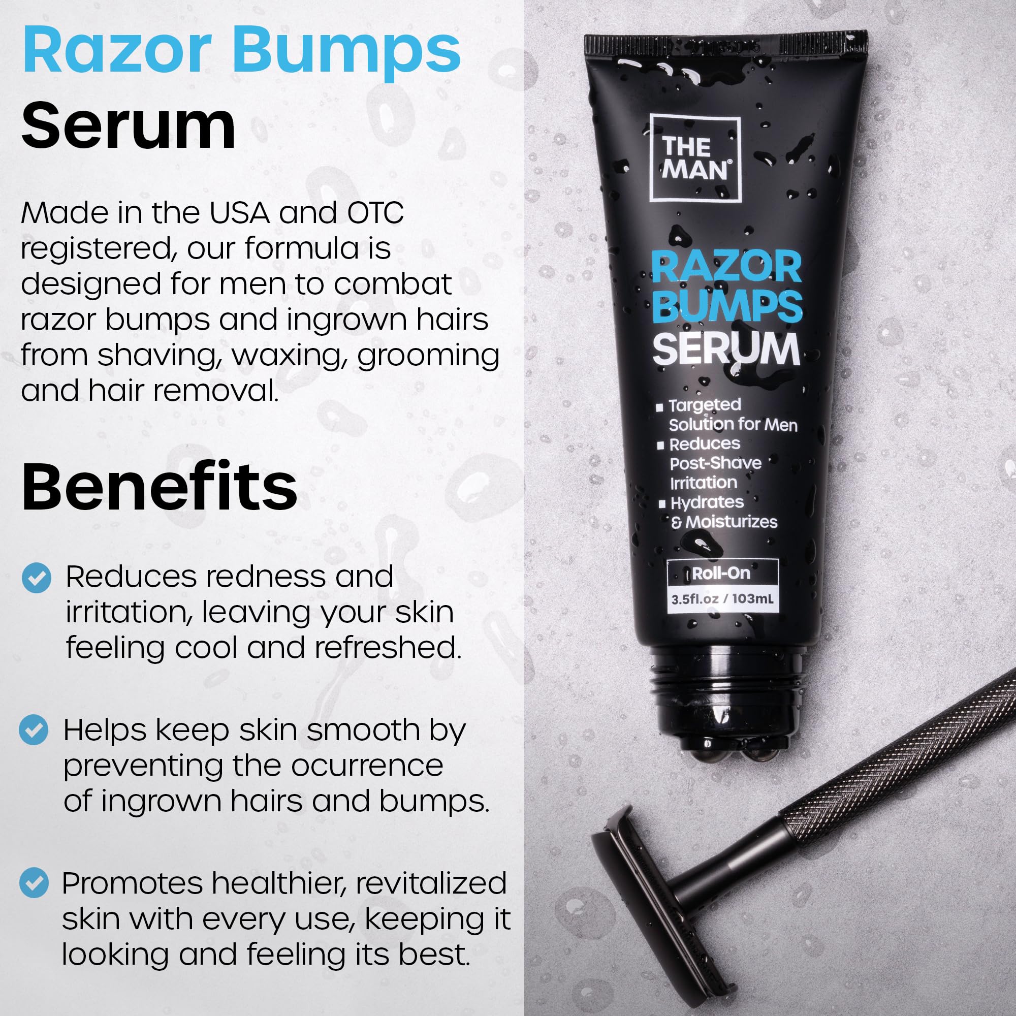 Vanibiss Razor Bumps Serum metal roll-on demonstrates cooling application