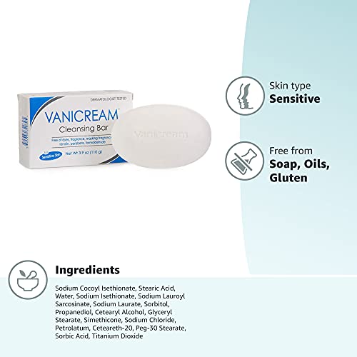 Vanicream Cleansing Bar ingredients label highlights dye-free, fragrance-free composition.