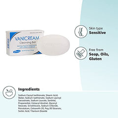 Vanicream Cleansing Bar ingredients label highlights dye-free, fragrance-free composition.