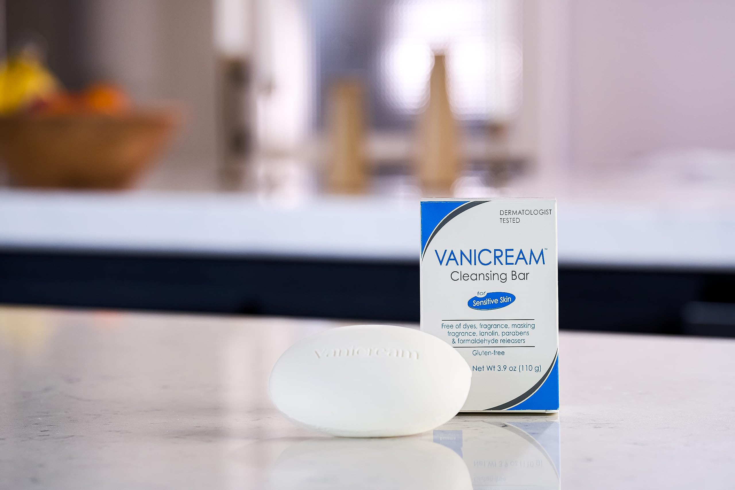 Vanicream Cleansing Bar texture close-up suggests creamy, moisturizing base.