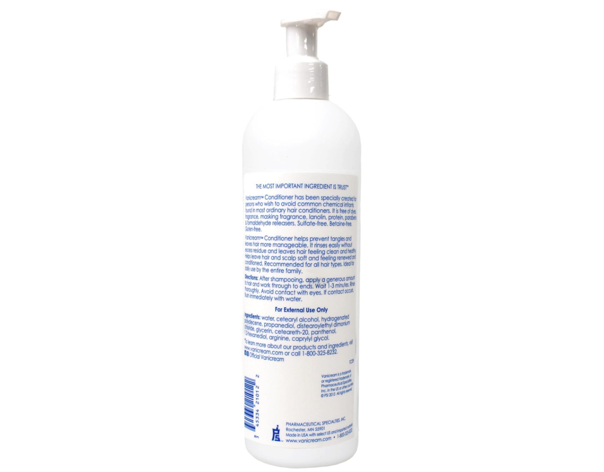 Vanicream conditioner label close-up highlighting free of dyes and fragrance for sensitive skin
