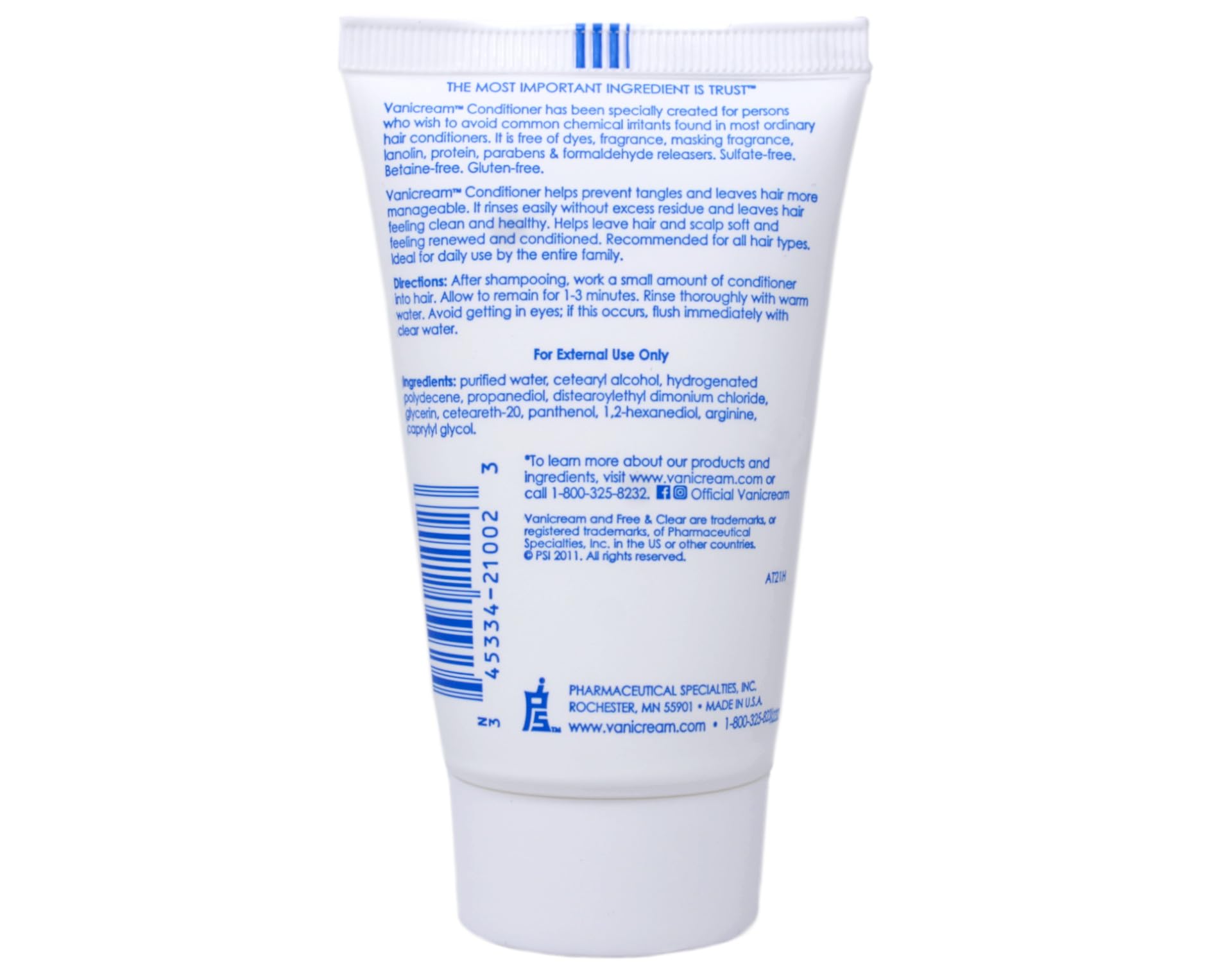 Vanicream conditioner travel-size tube provides soft, moisturized-feel hair after washing