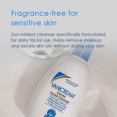 Vanicream facial cleanser bottle dispensing action demonstrating smooth, mild cleansing use
