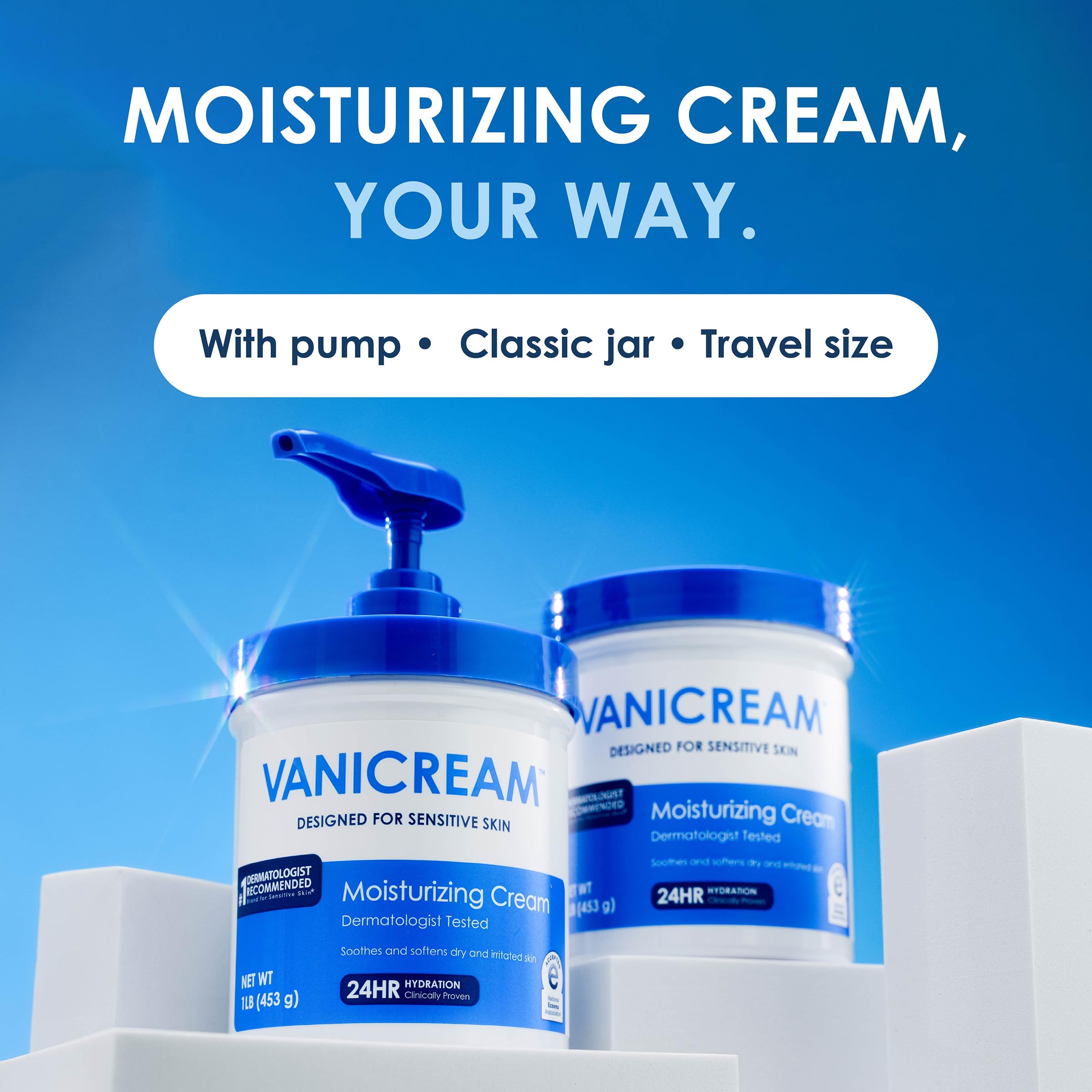 Family in bathroom with Vanicream pump emphasizing trusted sensitive-skin care at home