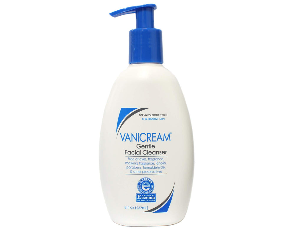 Vanicream Gentle Facial Cleanser bottle close-up highlighting fragrance-free formula for sensitive skin.