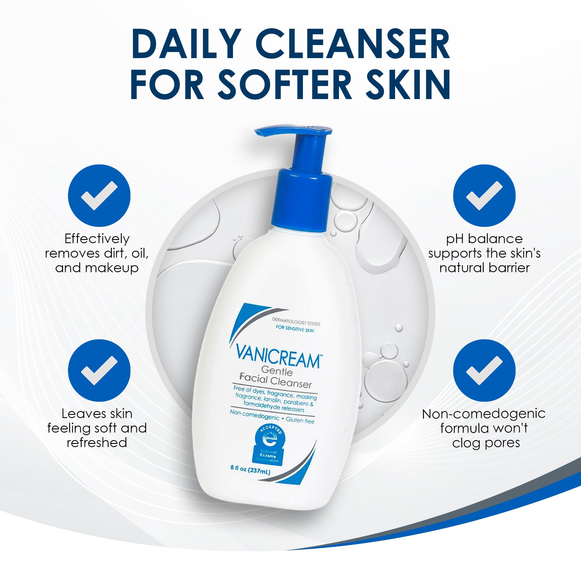 Vanicream image focusing on dry skin benefits from non-drying cleanse.