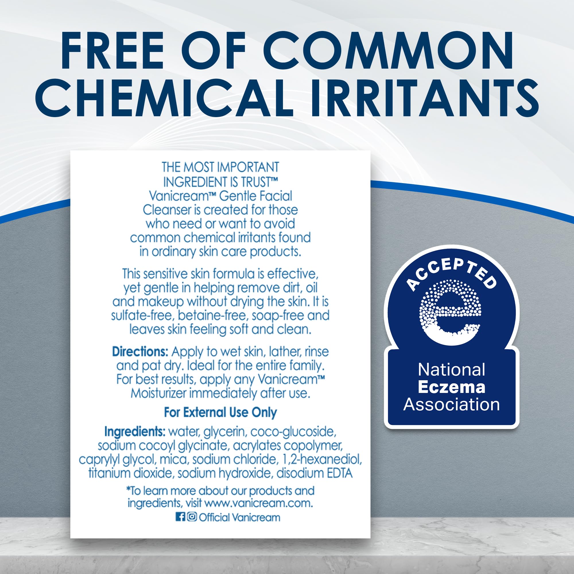 Fragrance-free note graphic emphasizes no artificial scents in Vanicream products.