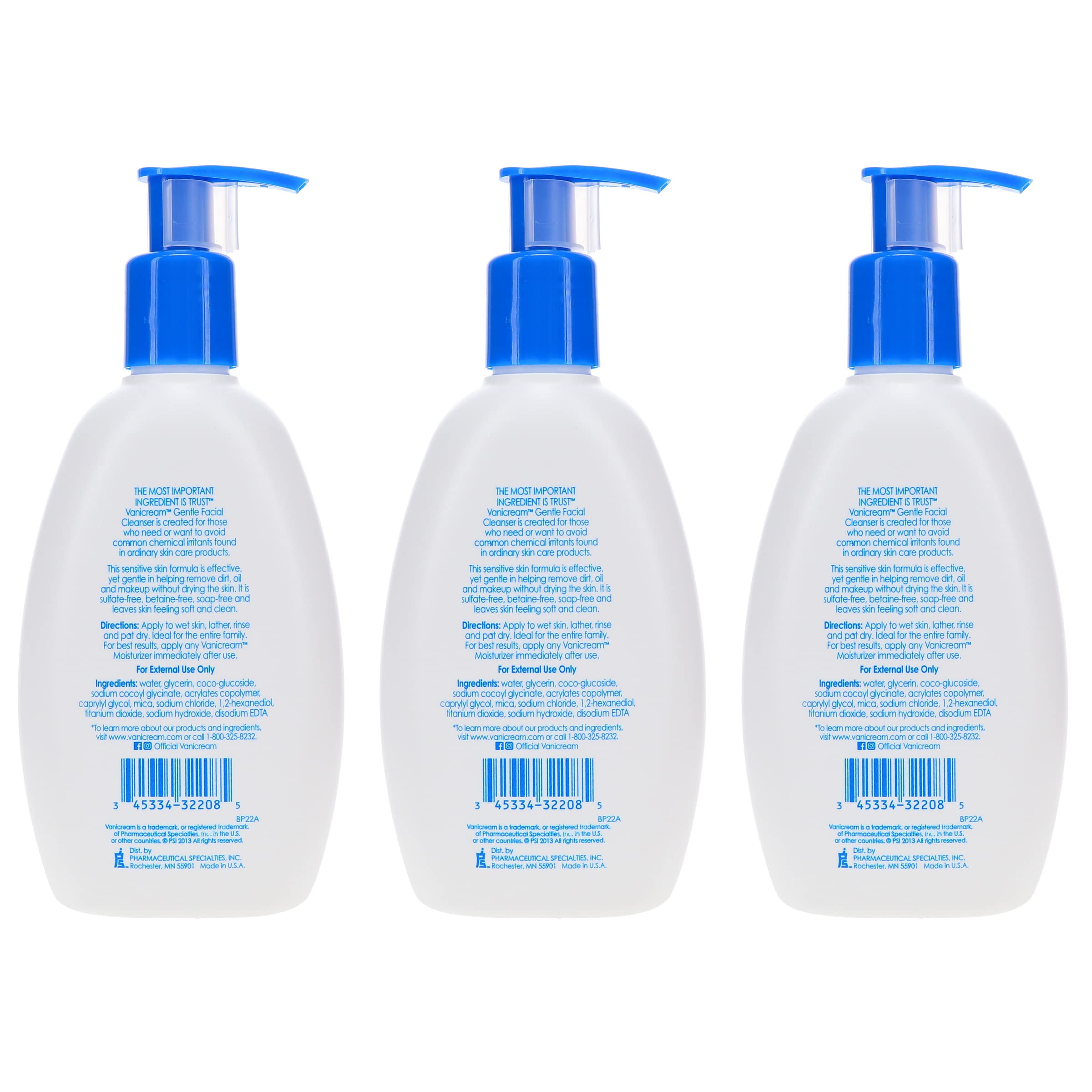 Vanicream Gentle Facial Cleanser pack-of-3 box emphasizes value and family skincare.