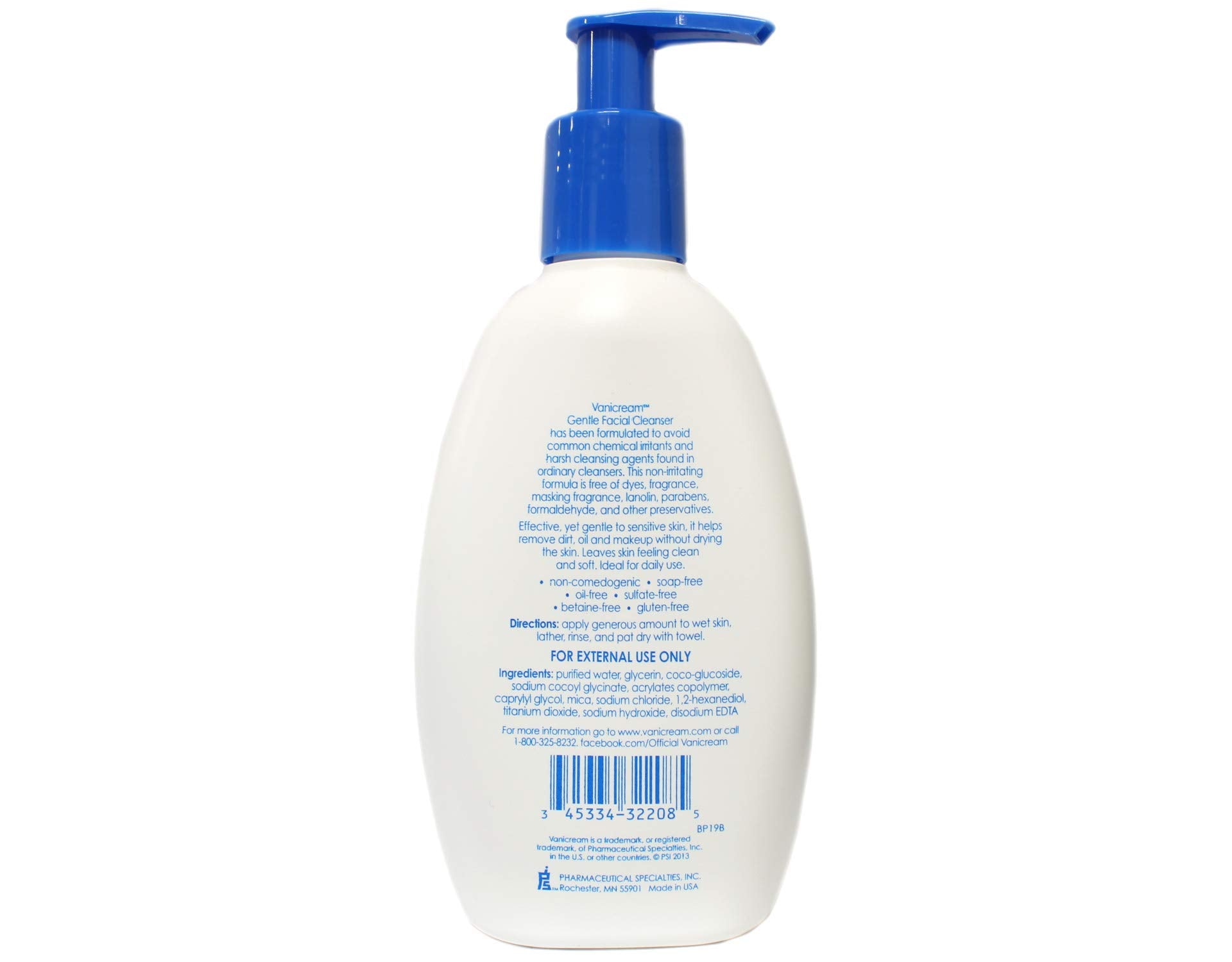Vanicream Gentle Facial Cleanser packaging label emphasizes gentle cleansing and fragrance-free care.