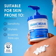 Vanicream pump dispensing cream onto hand for easy, mess-free application benefit