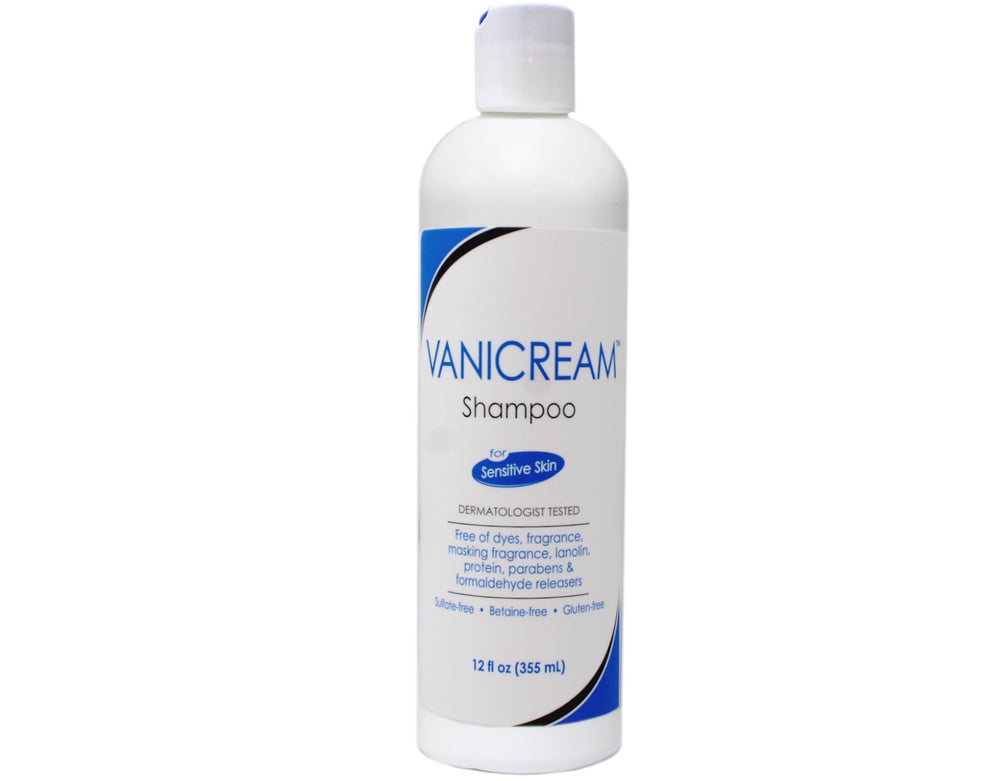 Vanicream Shampoo fragrance-free label closeup highlights gentle, dye-free formula.