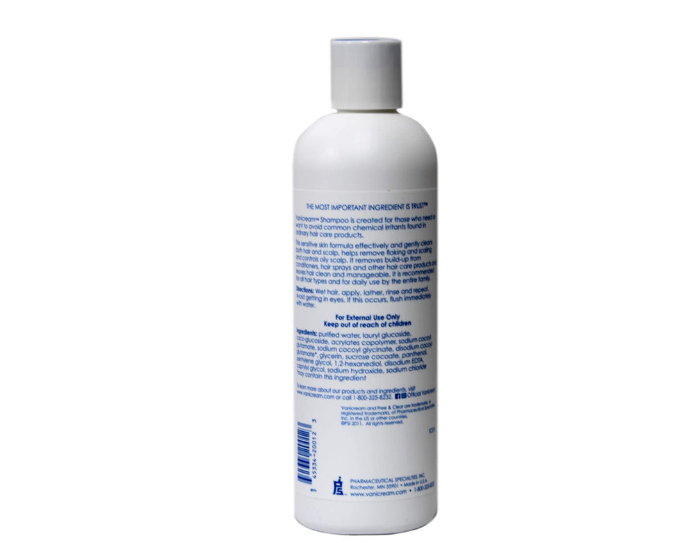 Vanicream shampoo label closeup showing fragrance- and dye-free formula for sensitive skin.