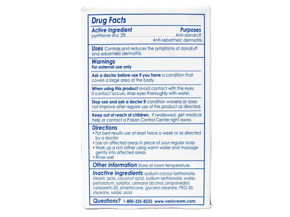 Vanicream Z-Bar ingredients label highlights 2% Pyrithione Zinc.