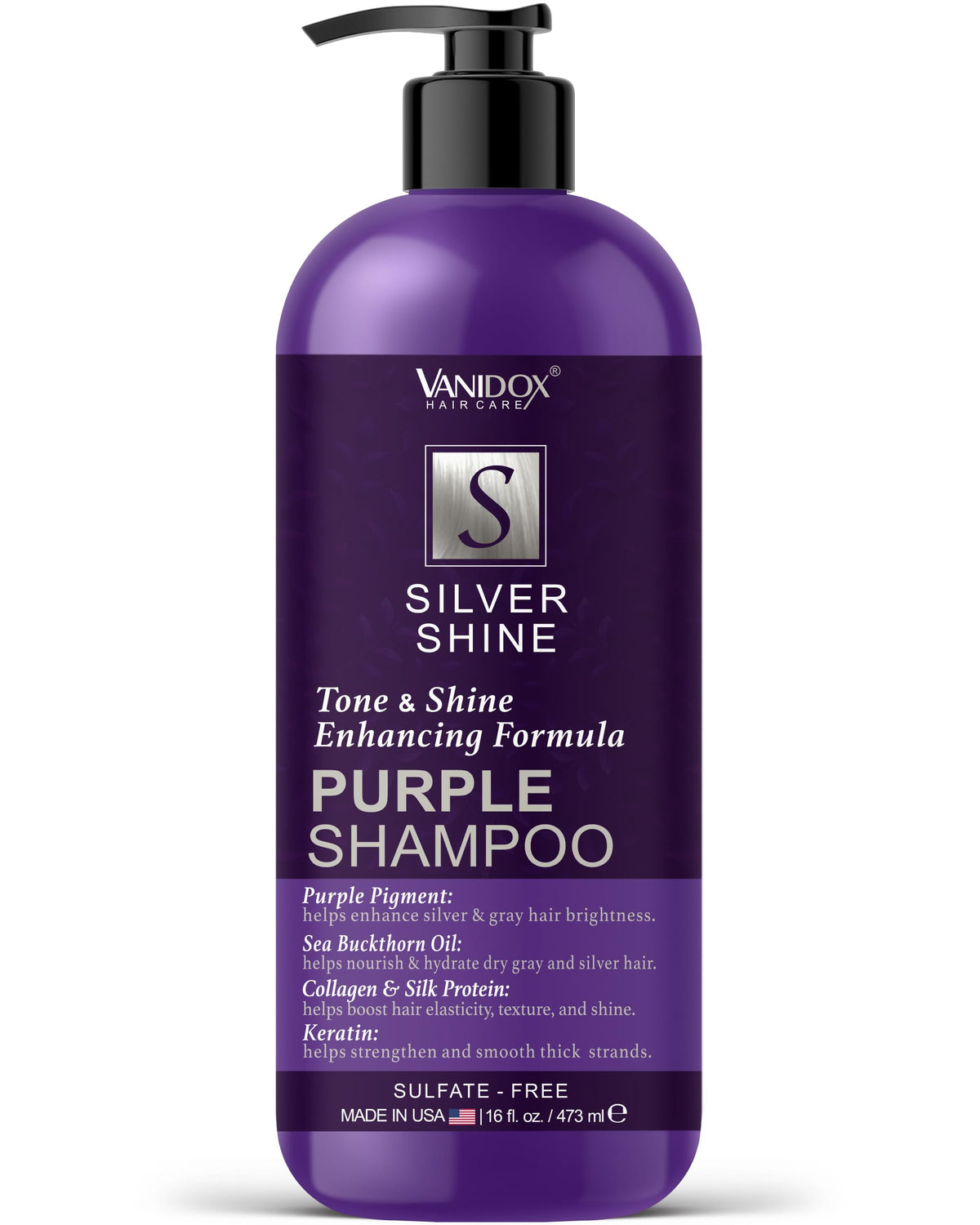 VANIDOX Brass Toning Purple Shampoo bottle shows brassy-neutralizing action.
