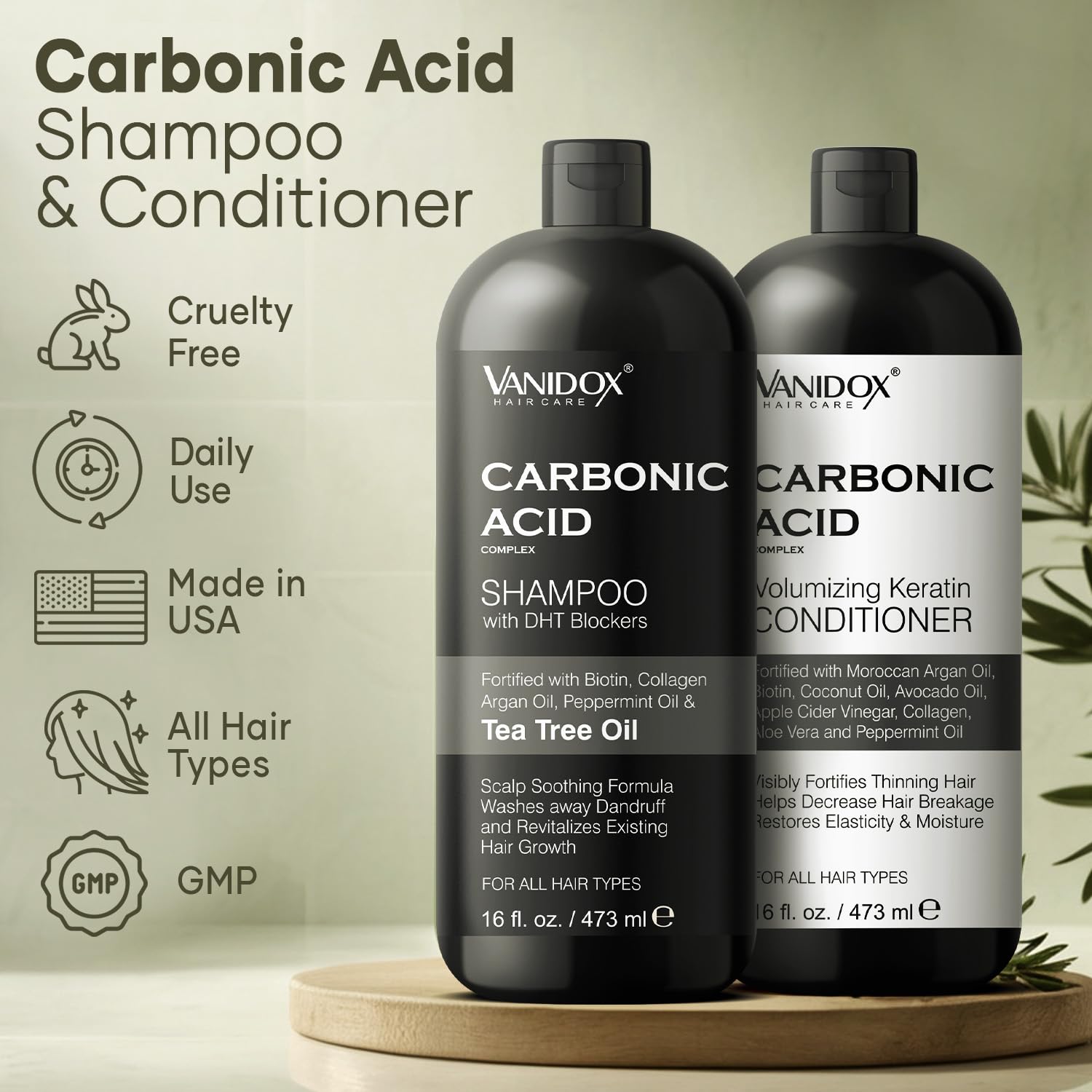 VANIDOX carbonic acid conditioner bottle closeup promoting smooth, hydrated hair.