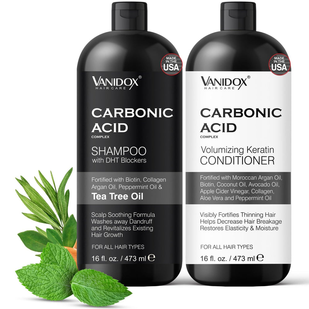 VANIDOX carbonic acid shampoo bottle closeup for refreshing scalp cleansing.