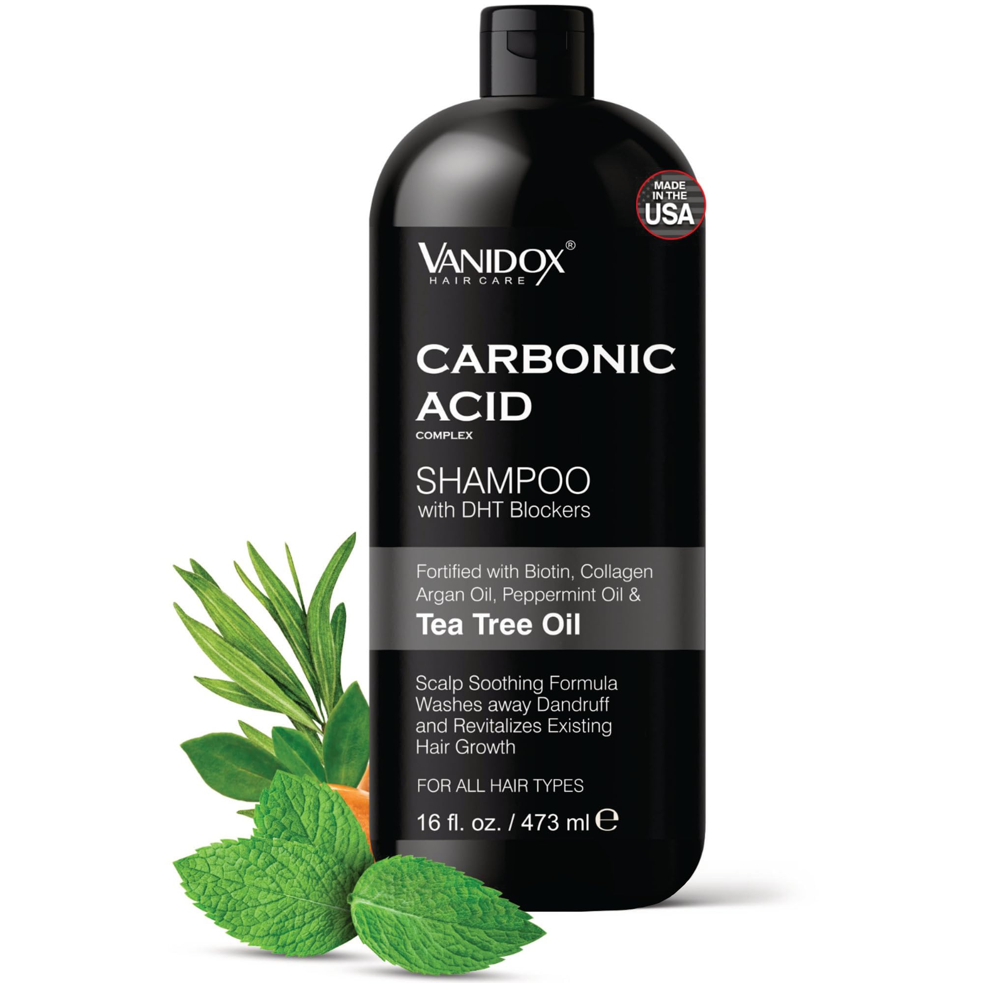 VANIDOX carbonic shampoo bottle front promoting sulfate-free care with healthy-looking hair