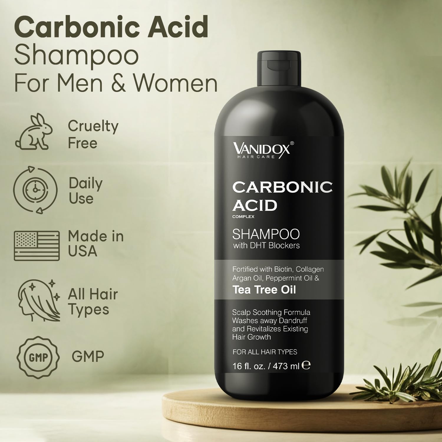 VANIDOX carbonic shampoo pours to show rich lather and scalp cleansing action