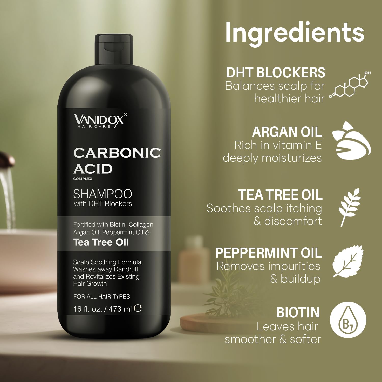 VANIDOX carbonic shampoo tea tree oil drops emphasize refreshing scent for scalp care