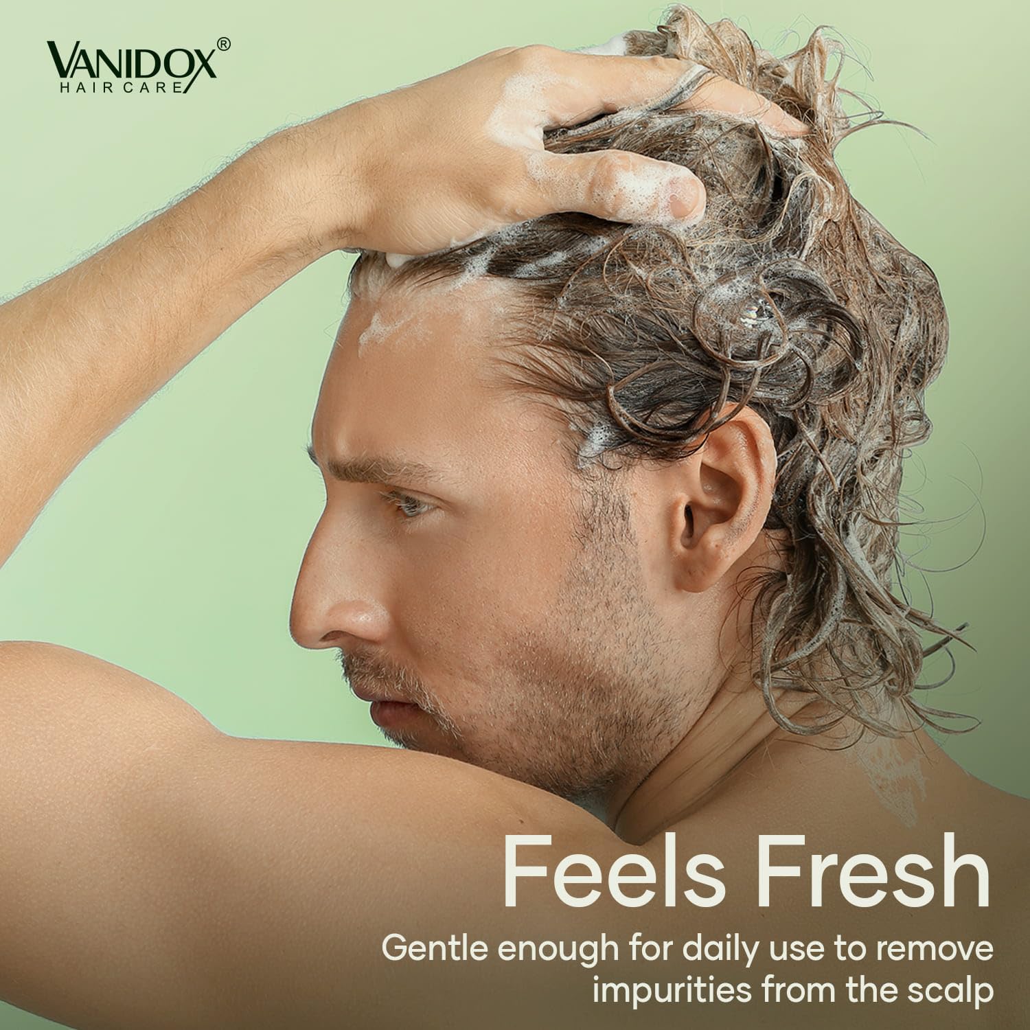 VANIDOX dandruff relief scene shows reduced flakes and calmer scalp