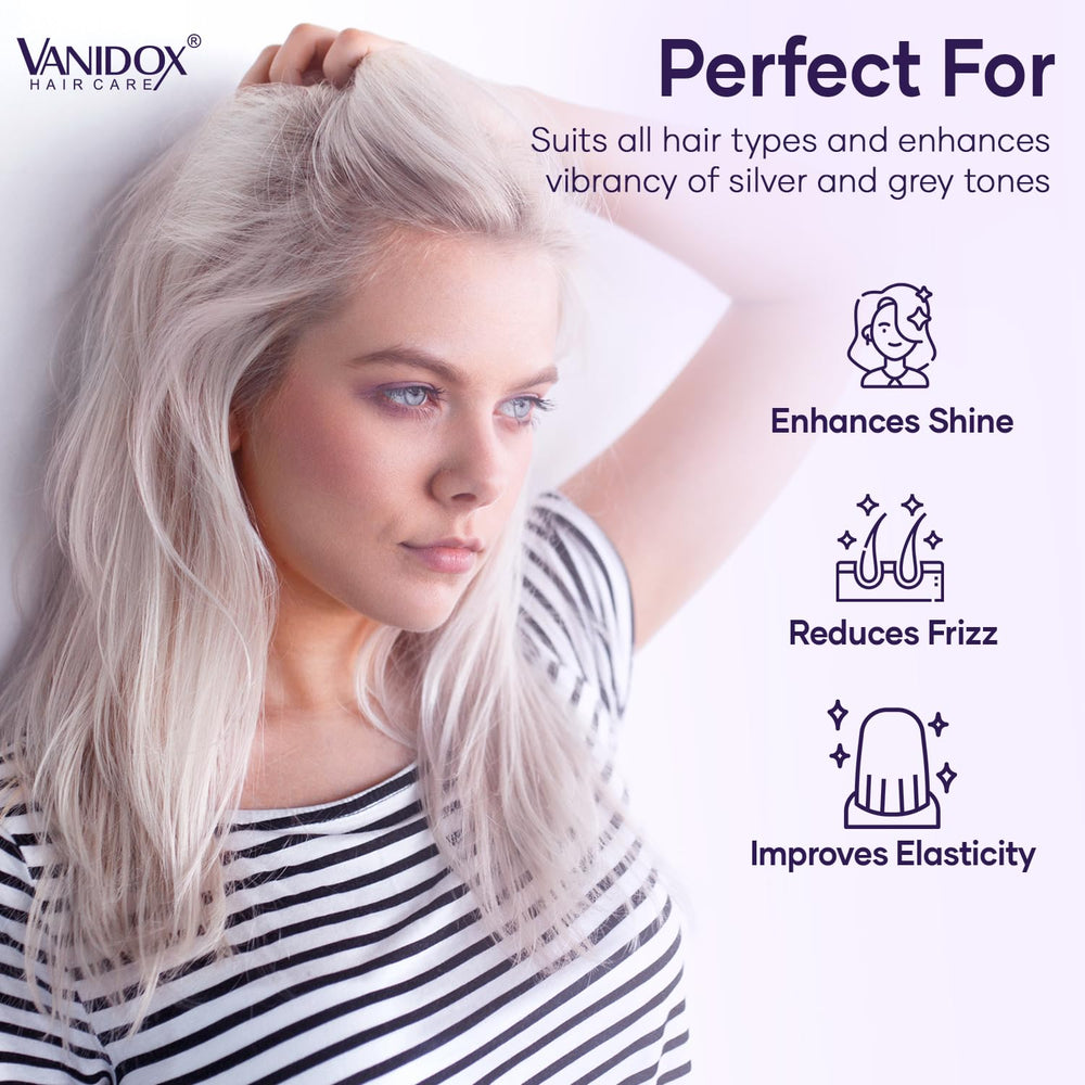 Vanidox gray hair-toning application—neutralizes brassiness during wash for cooler tones.