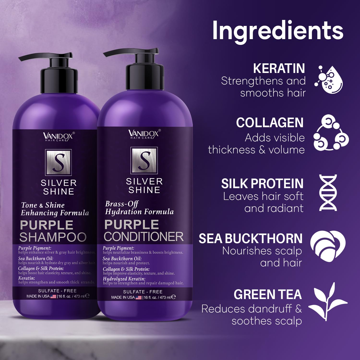 Vanidox hyaluronic acid and keratin—shine and strength within each strand.