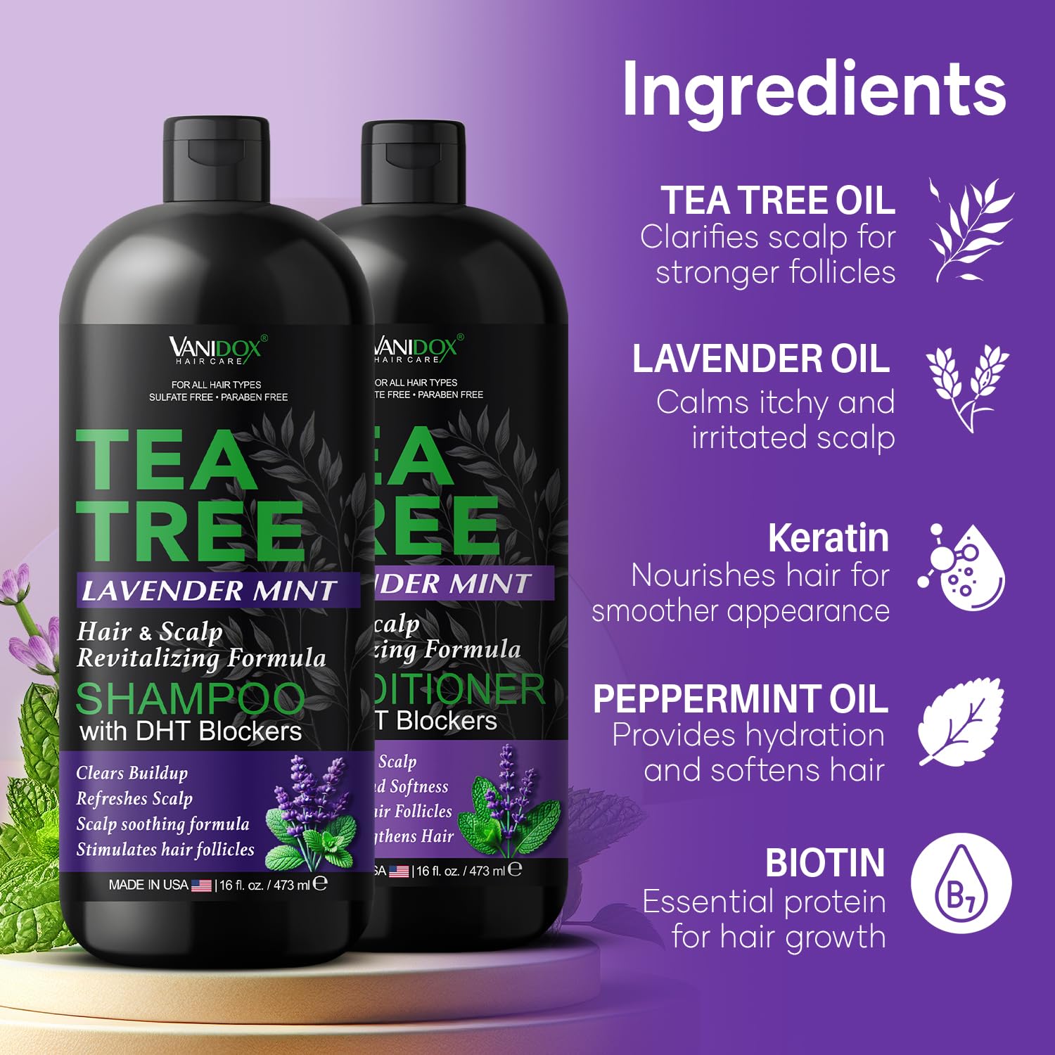 Vanidox Lavender Mint scene for calming scalp care visuals.