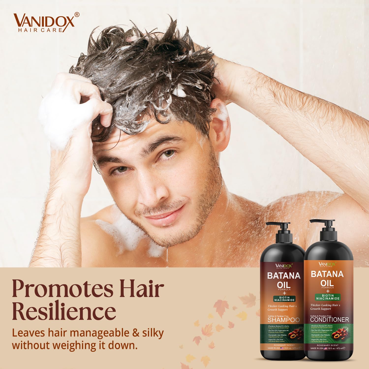 VANIDOX Shampoo texture close-up shows hydrating lather and shine