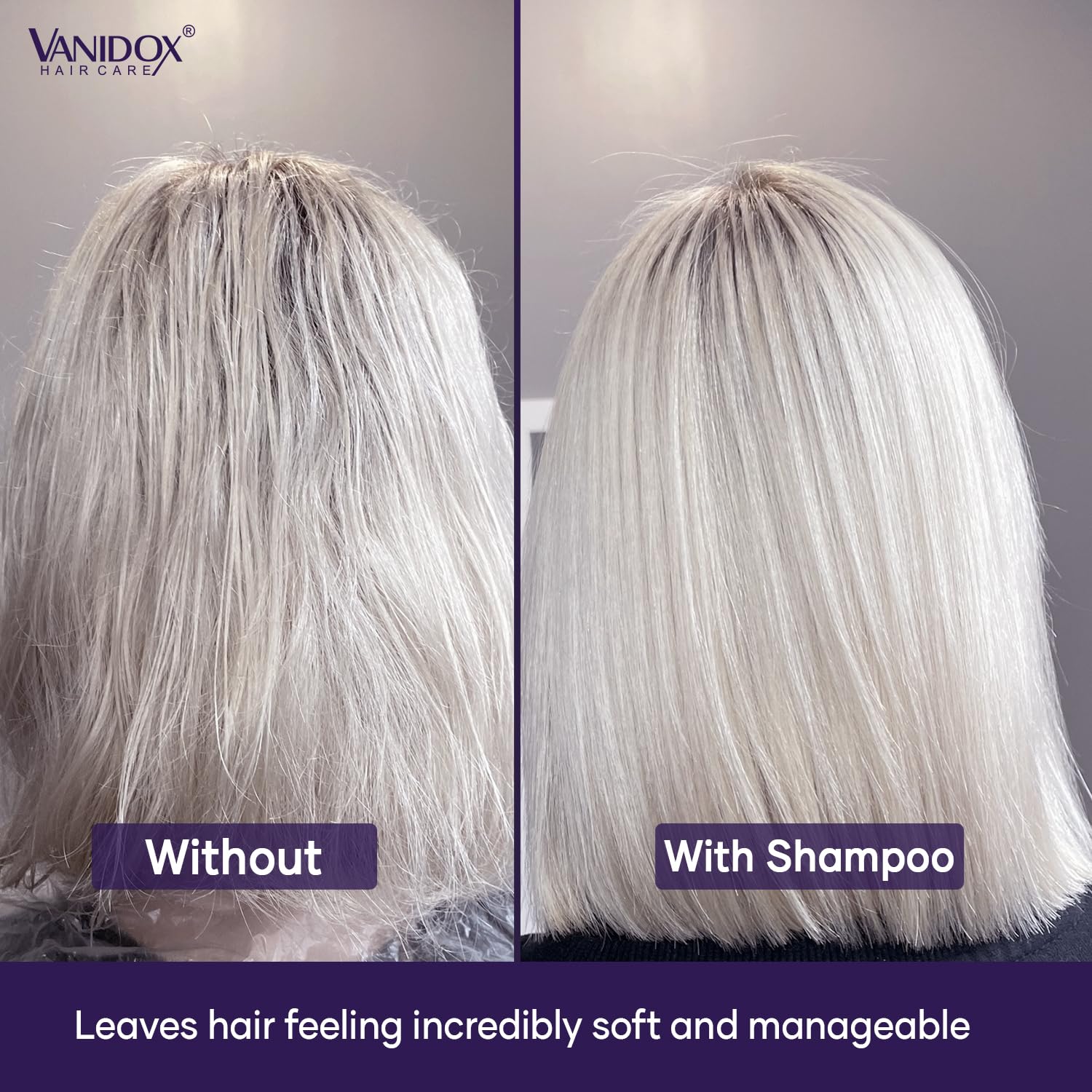 Vanidox silver hair shine closeup—reflective gloss from color-safe toning.