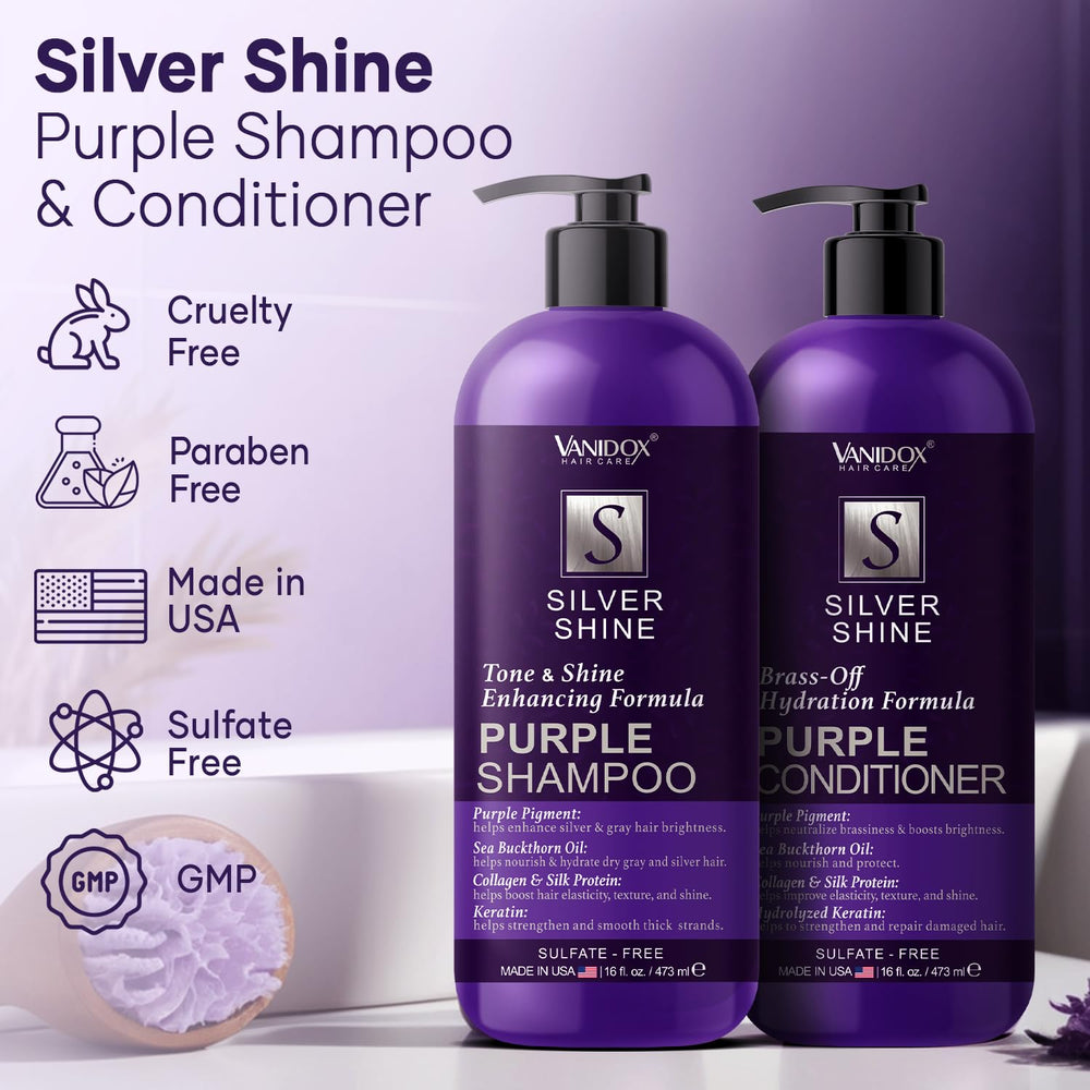 Vanidox purple conditioner bottle—deep hydration for soft, manageable grey hair.